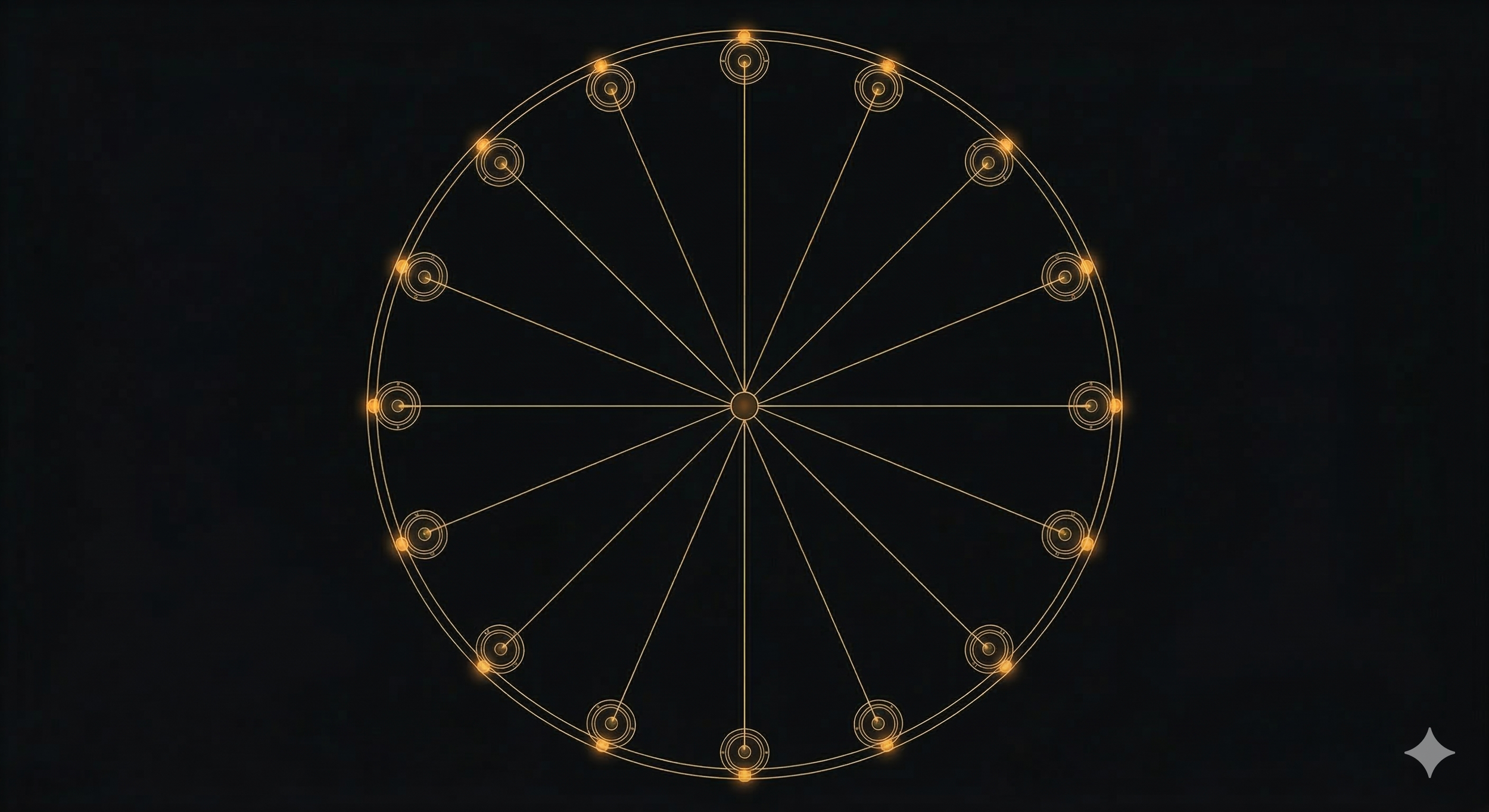 A digital network diagram with a central node connected to 16 outer nodes, all connected by lines, glowing with a golden hue on a dark background.