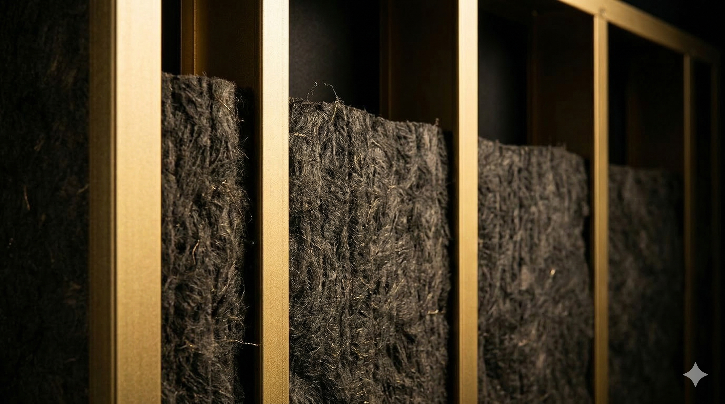 Close-up of soundproof insulation material mounted between wooden framing studs.