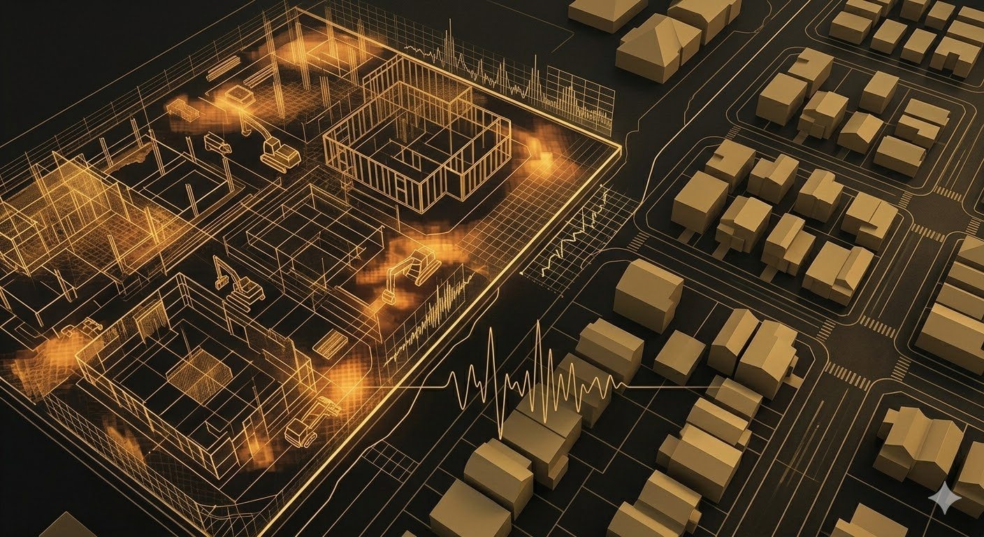 A digital city grid with illuminated wireframe buildings, roads, and infrastructure over a dark background, with graphical data overlays and a heart rate line.