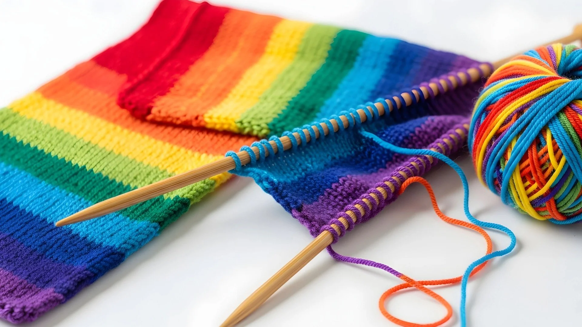 Knitting needles and yard in a rainbow coloured scarf