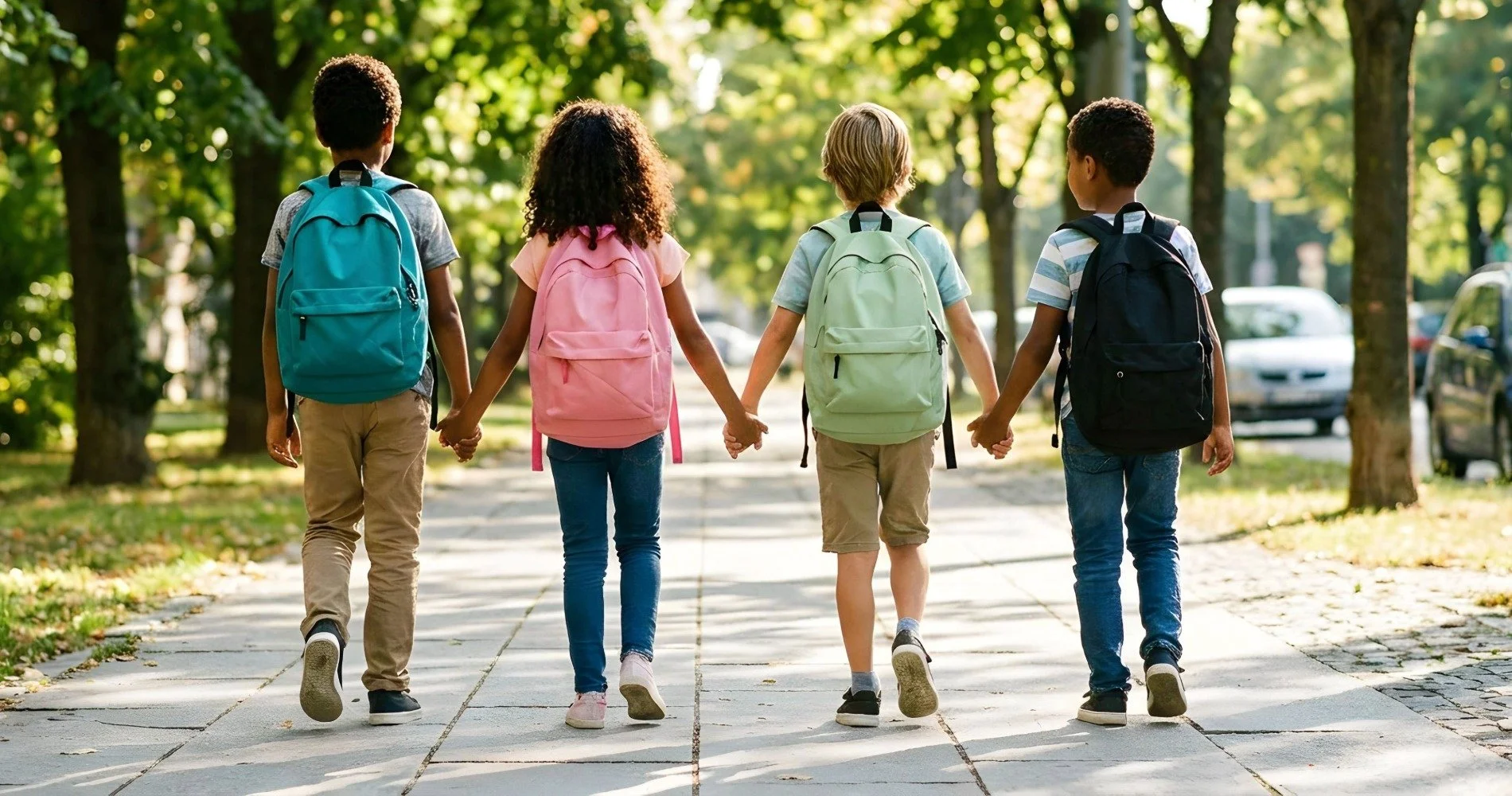 A group of children holding hands walking to school