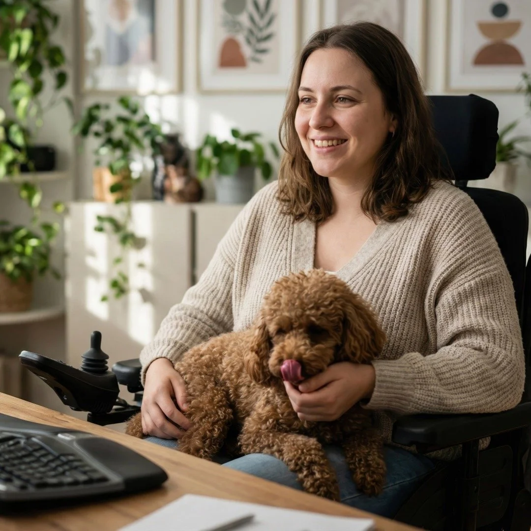 A person sitting in a wheelchair at a desk, smiling, with a dog sitting in her lap, in a home office on a virtual therapy session.