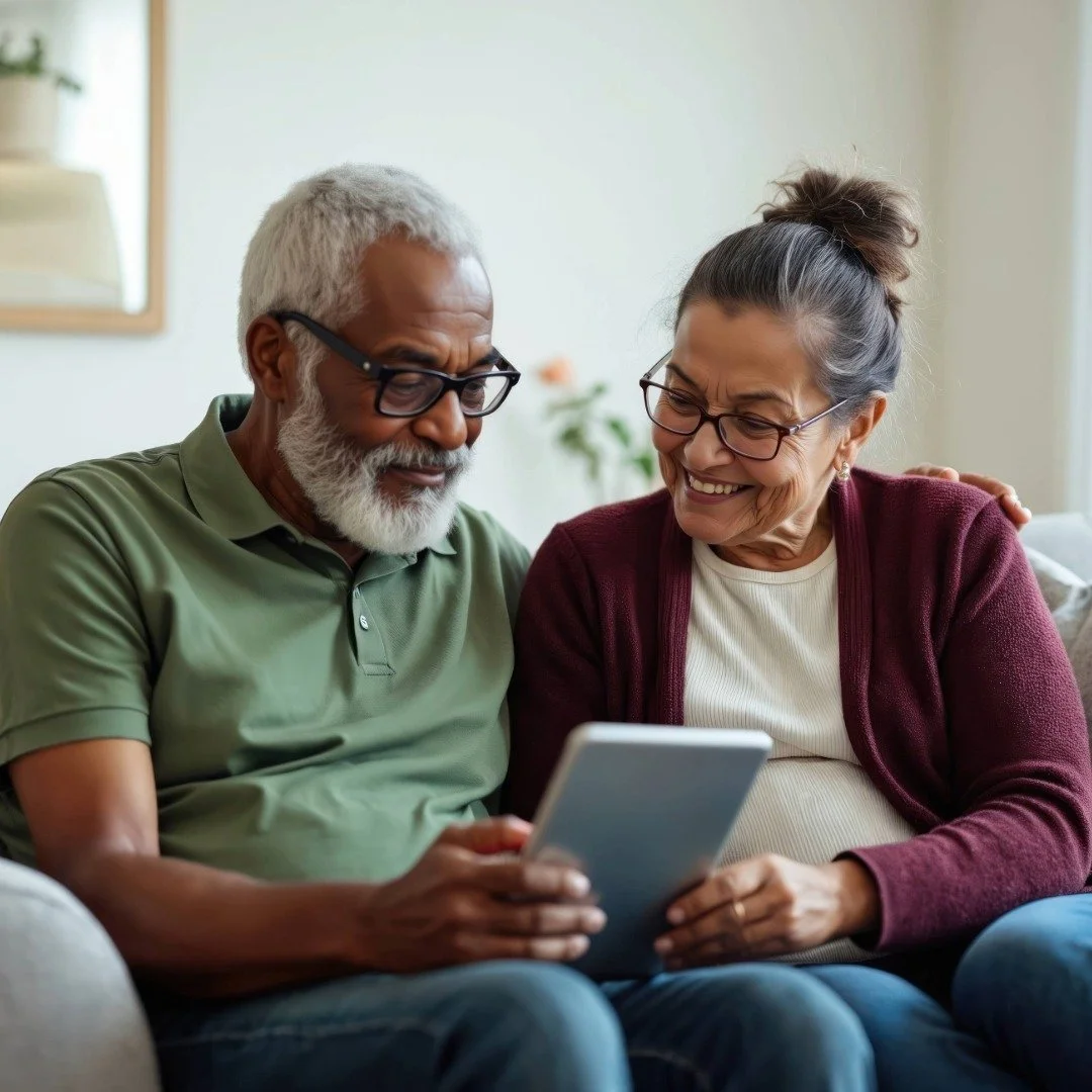 An elderly couple sitting together on a sofa, looking at a tablet device while engaged in an online therapy session