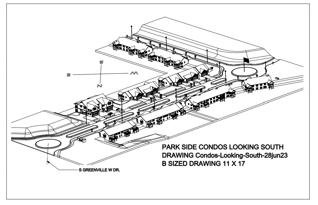 A detailed architectural drawing of a residential housing development, showing multiple condominiums, roads, and landscaping, with a north arrow and compass included.
