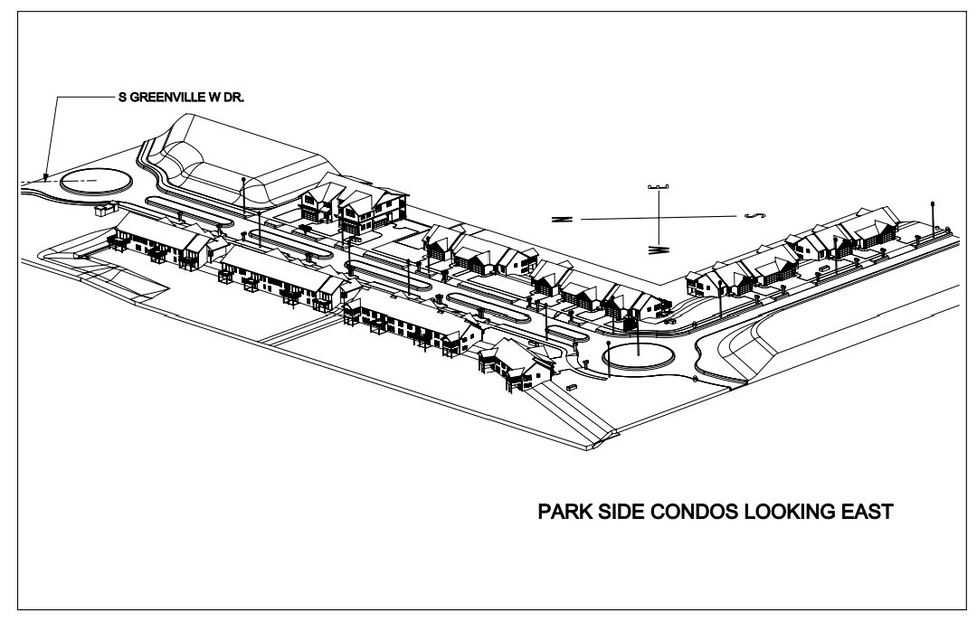 A black and white architectural site plan of park side condos viewed from the east, showing multiple residential buildings, roads, and landscaped areas labeled with street names.