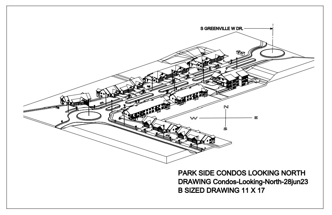 A site plan drawing of a condo community with buildings, roads, and landscaping, oriented to the north, titled 'Park Side Condos Looking North'.