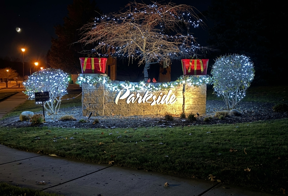 Decorated outdoor sign reading 'Parkside' with illuminated bushes, gift boxes, and a leafless tree with string lights at night.