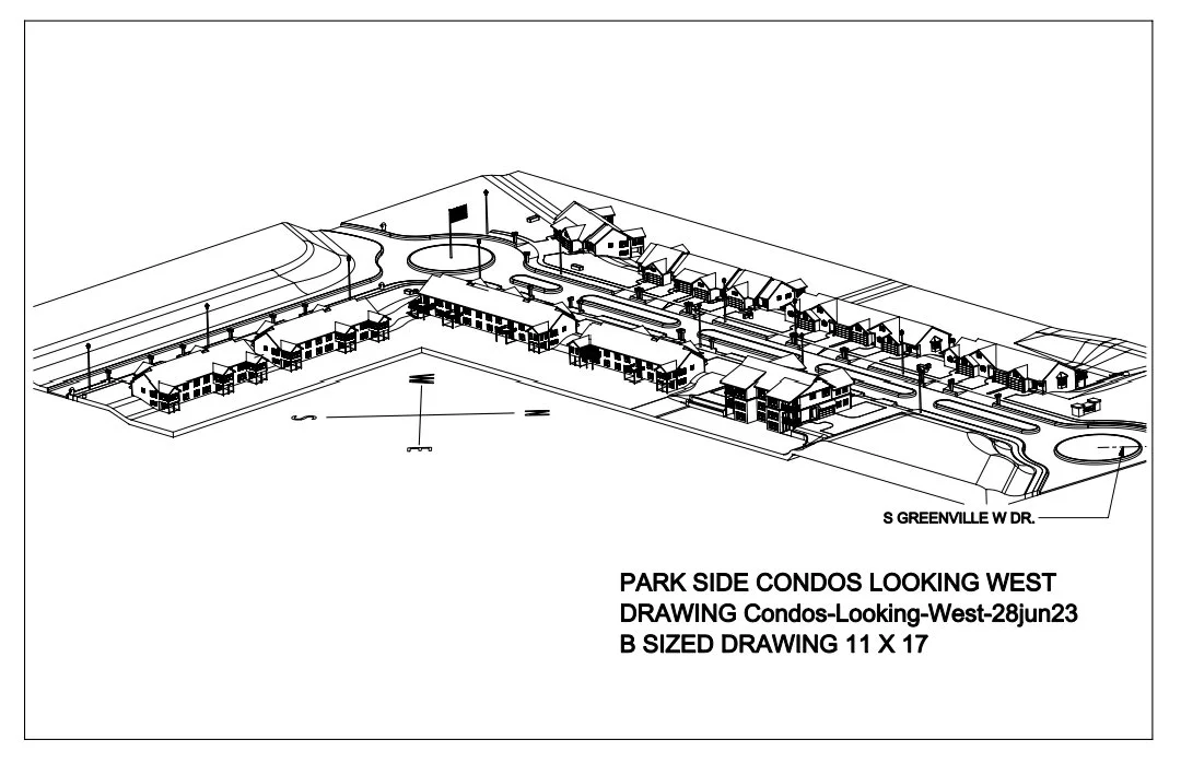 Architectural drawing of condo complex with multiple buildings, roads, parking, and landscape features, labeled as park side condos looking west.