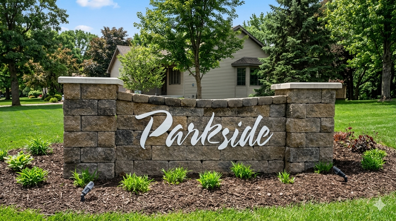 A stone sign with the word 'Parkside' in white script, located in a landscaped area with small green plants, in front of a house surrounded by trees.