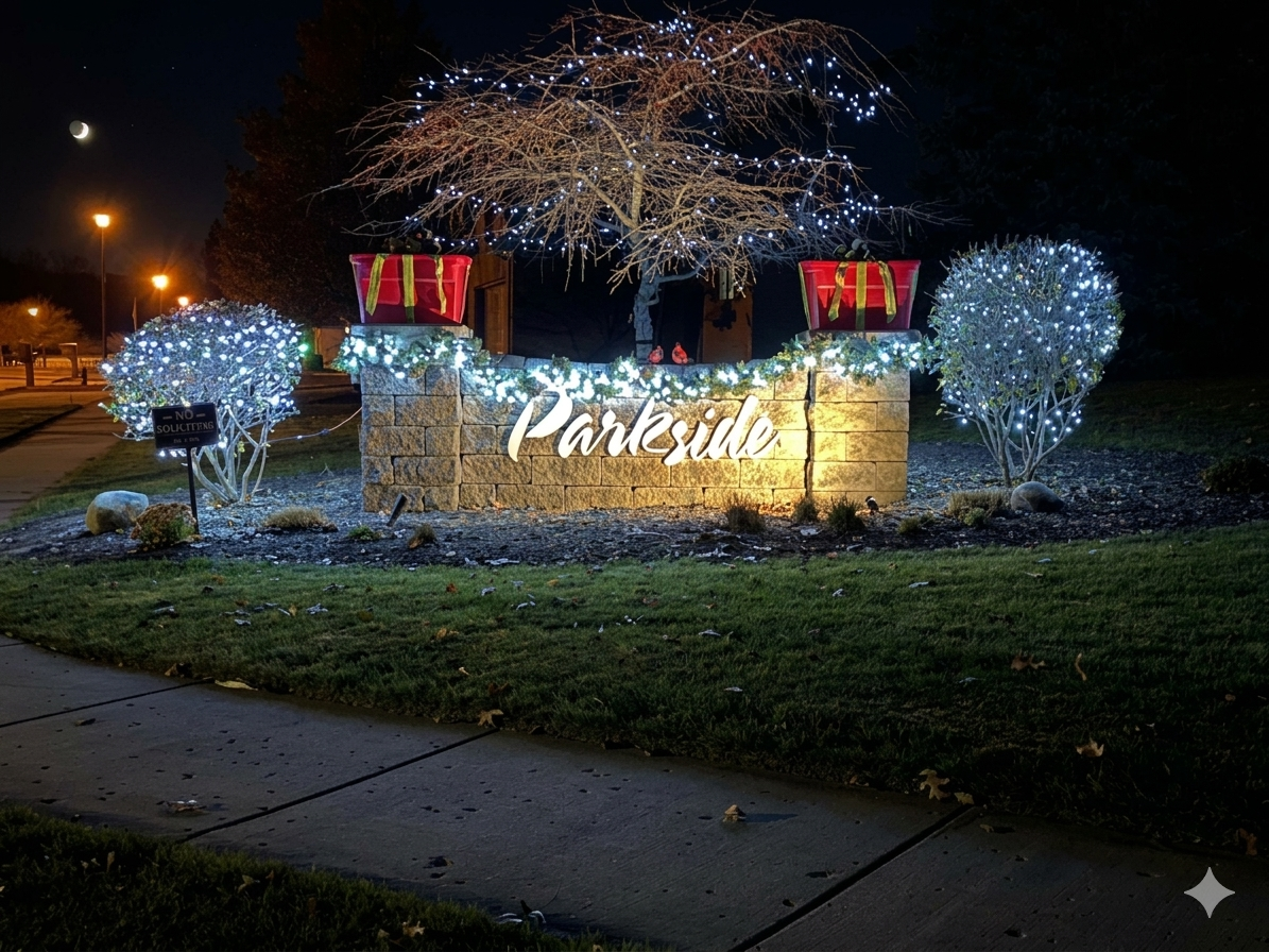Decorative park sign at night with illuminated white trees, a lit sign that reads 'Parkside,' and holiday decorations including lighted gifts and a lit tree in the background.