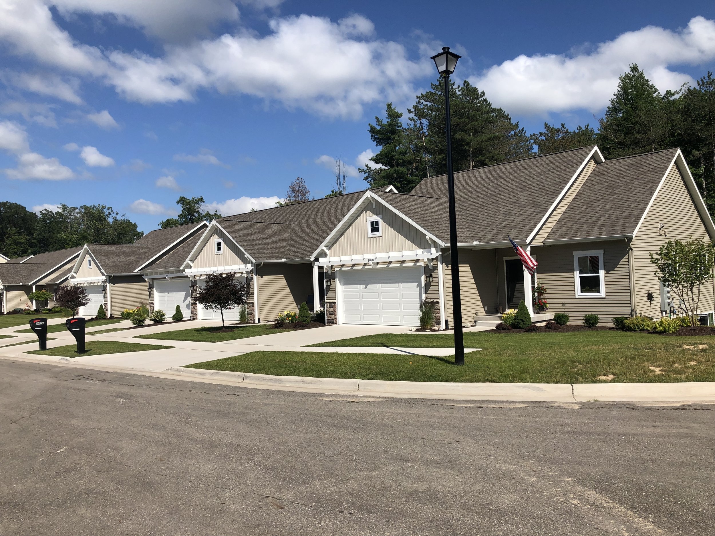Row of suburban single-family homes with attached garages, manicured lawns, small trees, a street lamp, and a clear blue sky with clouds.