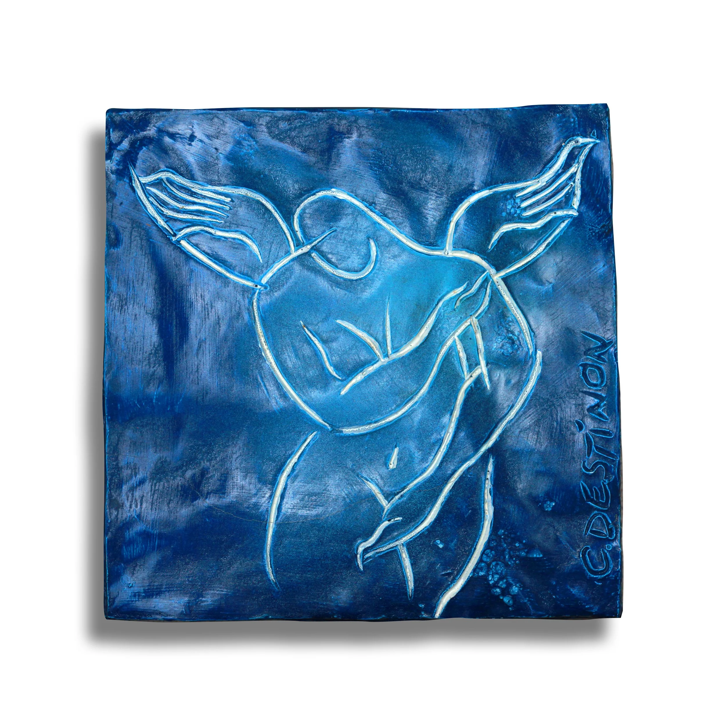 Blue Angel, Self hardening clay, acrylic painted, 8”x8”, 2018