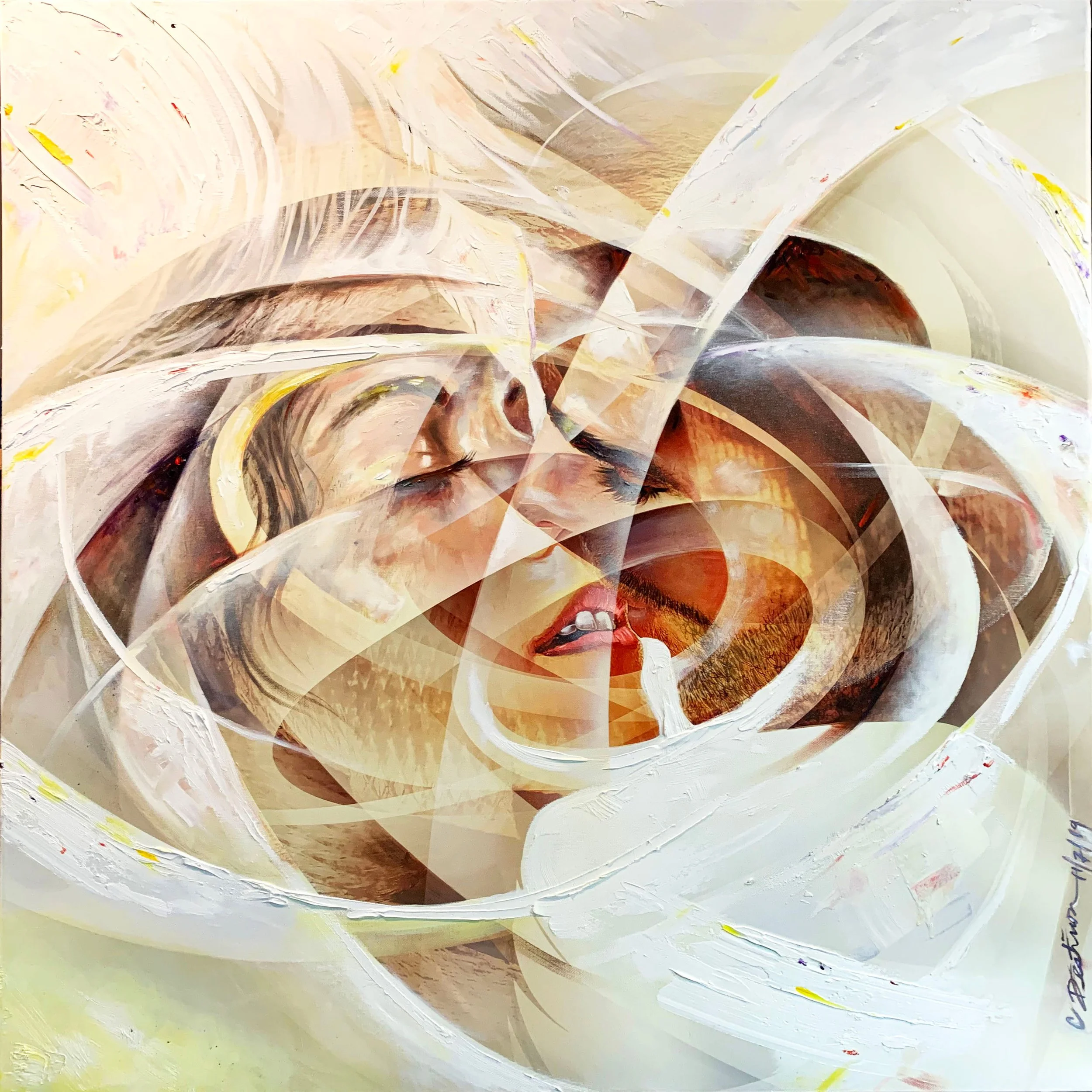 “The Moment”, Mixed media, Oil and digital composition on canvas, 37”x37”, 2019