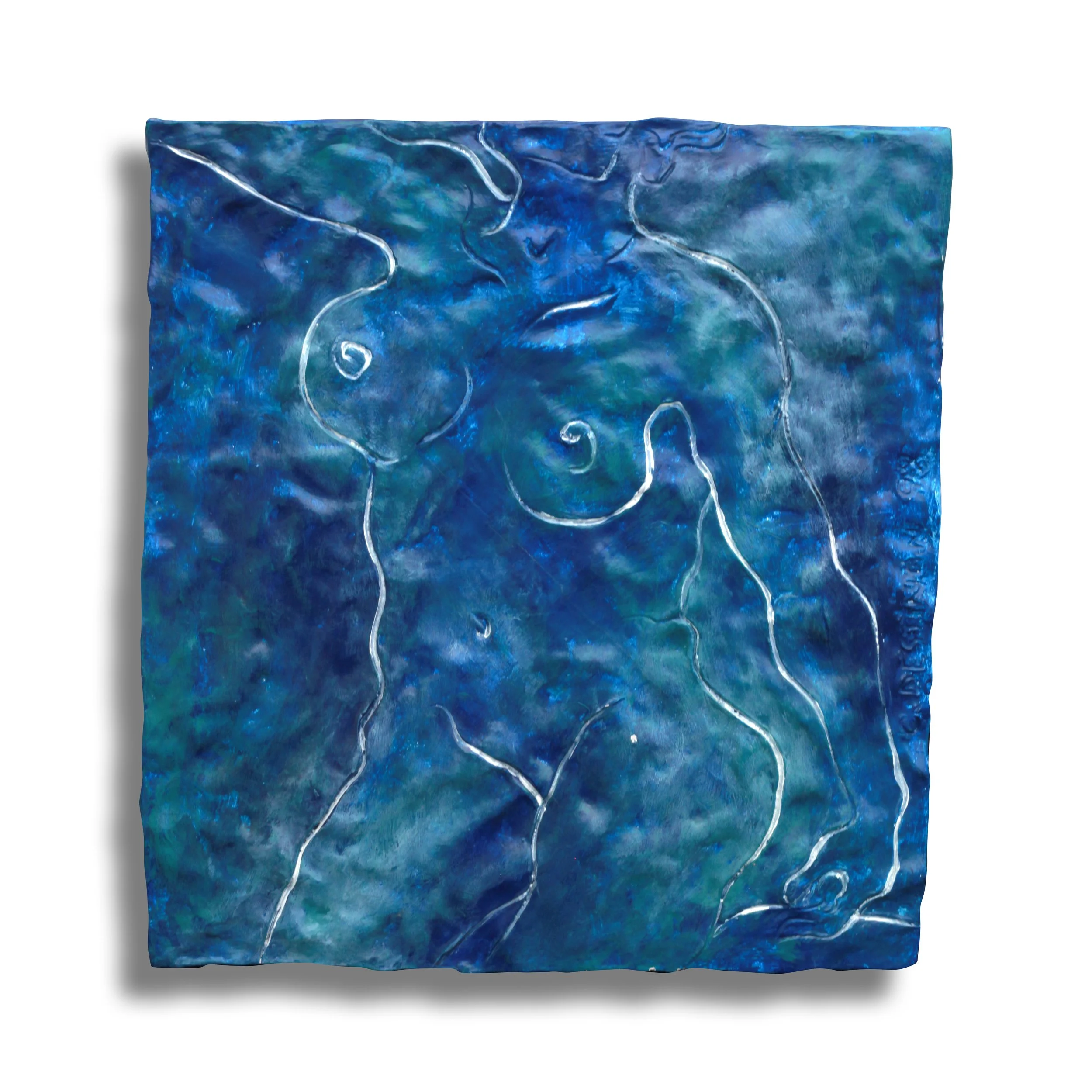 “Blue nude 2”, Self hardening clay, acrylic painted, 24”x30”, 1998