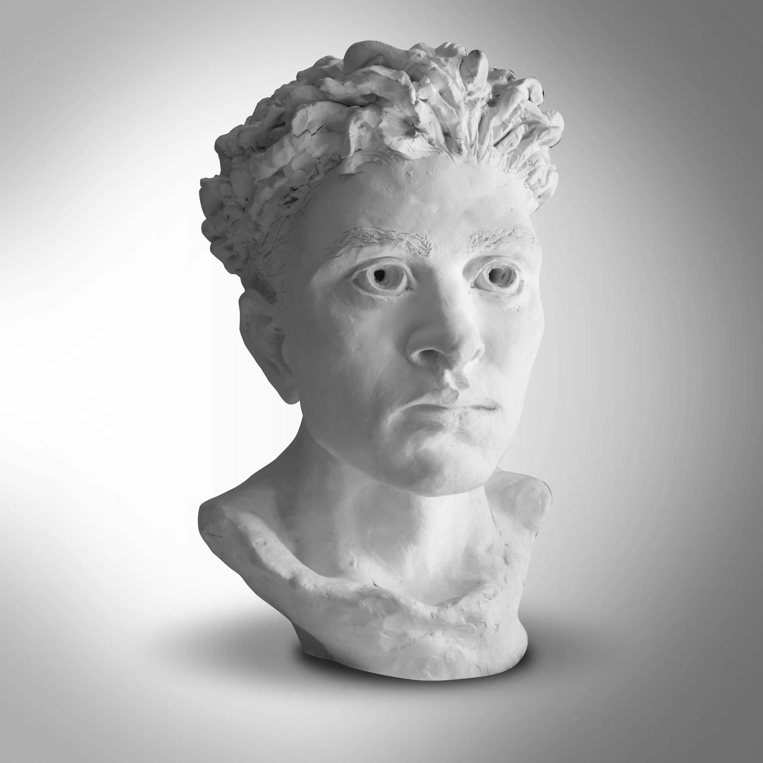 “Self Portrait”, Fired Clay, unpainted, 15”h,1993. Winner MIAD Layton Scholarship Award