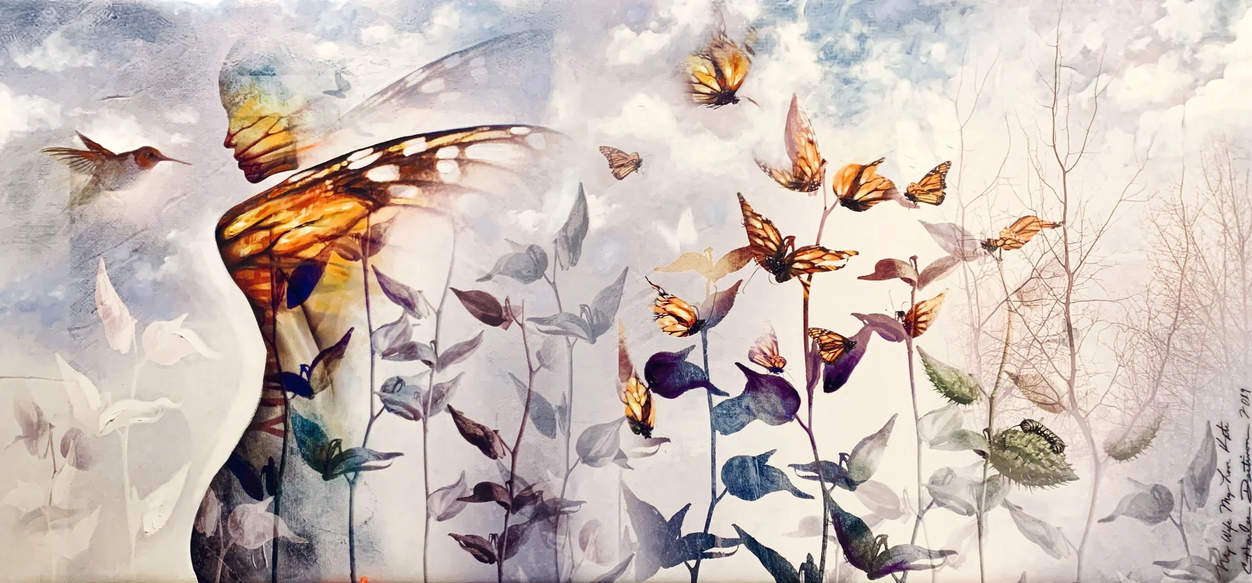 “One to another and more yet”, Mixed media, Oil and digital composition on canvas, 30”x64”, 2019