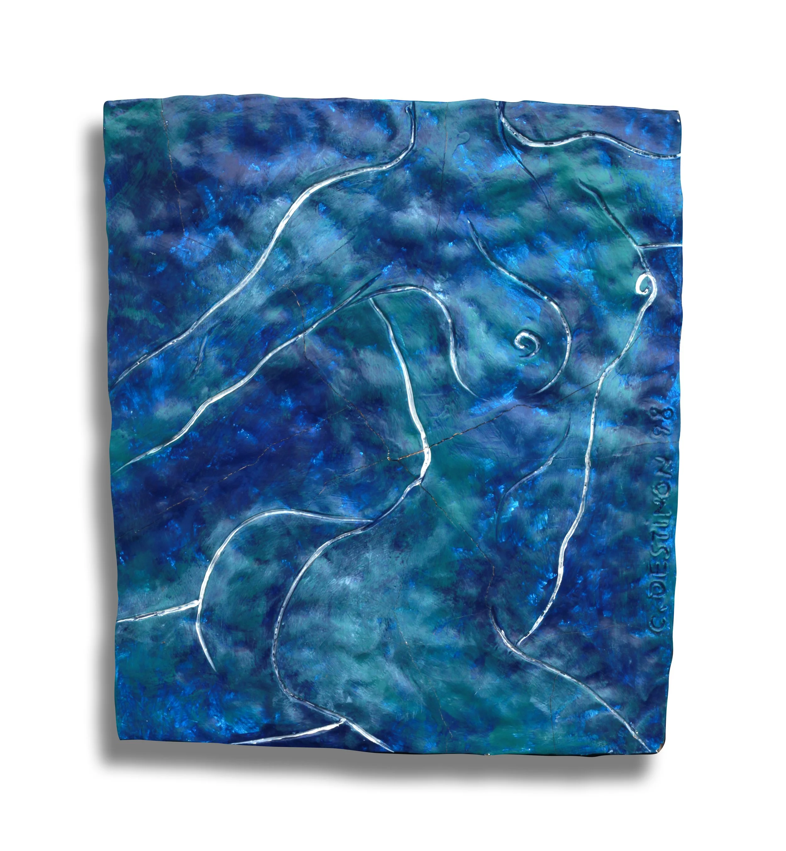 “Blue Nude 1”, Self hardening clay, acrylic painted, 24”x30”, 1998