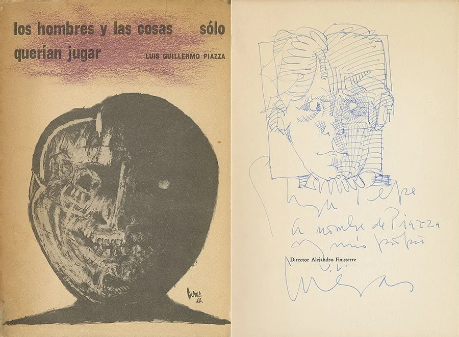 A book cover for Luis Guillermo Piazza's poem titled "los hombres y las cosas sólo querían jugar" with an illustration of a human skull on the left. The right side has a hand-drawn sketch of a person's face with curly hair and a signature, along with