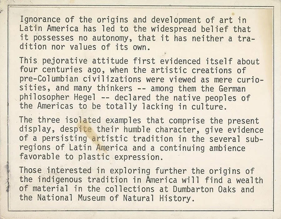 Typed excerpt discussing the origins and development of art in Latin America, criticizing the lack of autonomy and cultural identity, referencing historical perspectives, and mentioning collections at Dumbarton Oaks and the National Museum of Natural