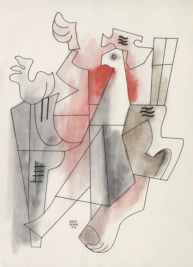 Abstract line drawing with geometric shapes and minimal color accents, depicting a seated figure with a raised hand, a face profile, and various structural elements, signed by Carlos Merida in 1974.