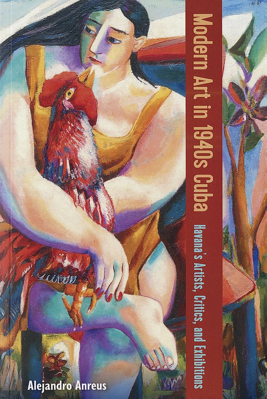 Colorful painting of a woman sitting on a chair, holding a rooster, with a plant and flowers in the background.