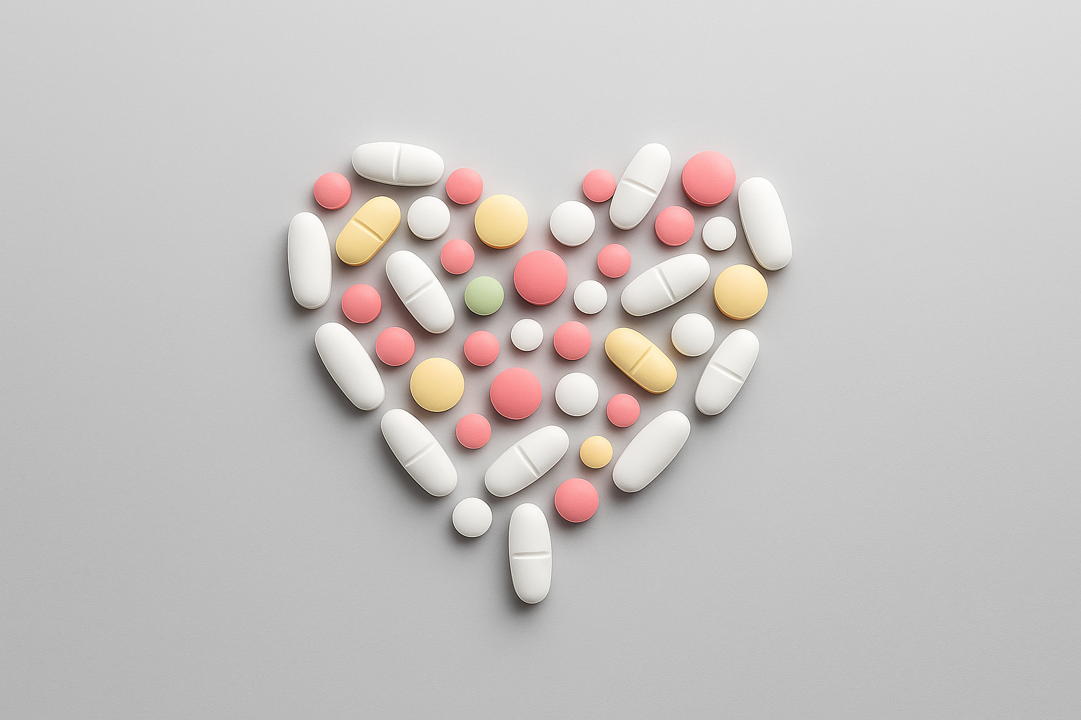Various pills and tablets arranged in the shape of a heart on a gray background.
