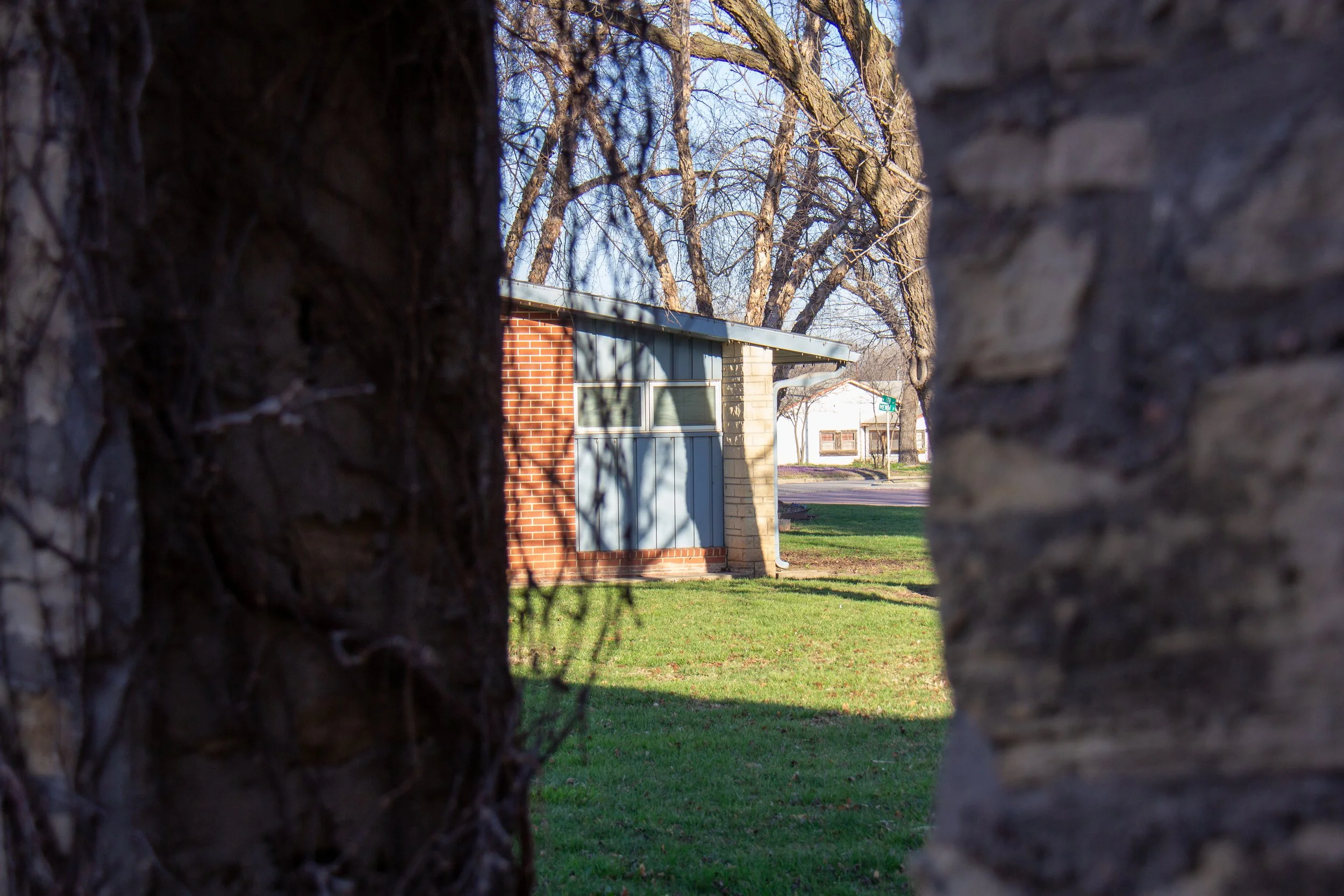 View of the Westside Clinic framed through two large tree trunks, with a grassy lawn and trees in the background.