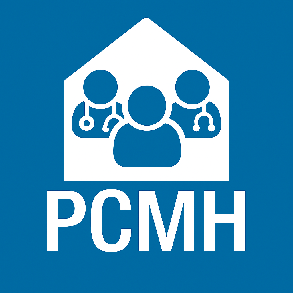 Logo with a house outline containing three stylized people with stethoscopes, and the acronym "PCMH".