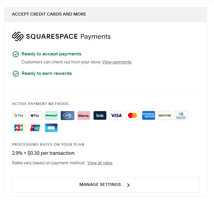 SquareSpace Payments with Payment Methods