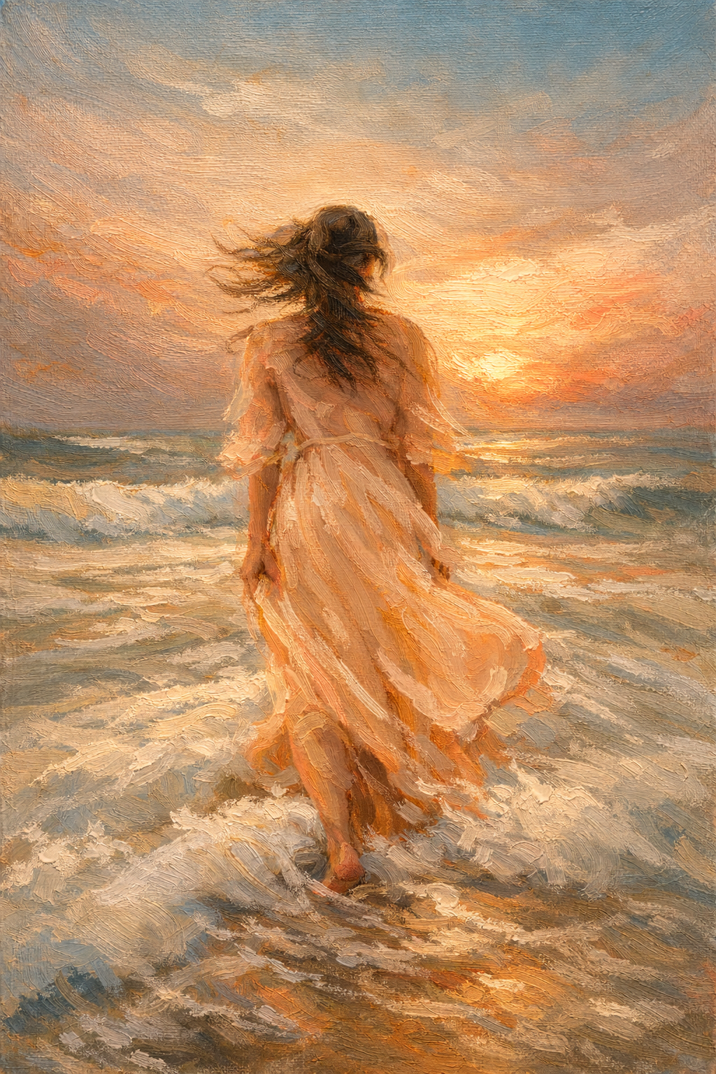Une peinture représentant une femme en robe longue marchant sur la plage au coucher du soleil, ses cheveux au vent.