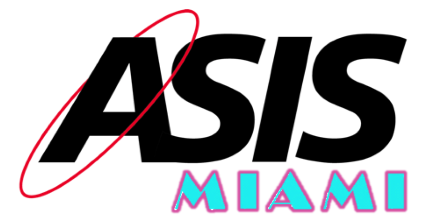 Logo of ASIS Miami with bold black letters and pink and blue accents.