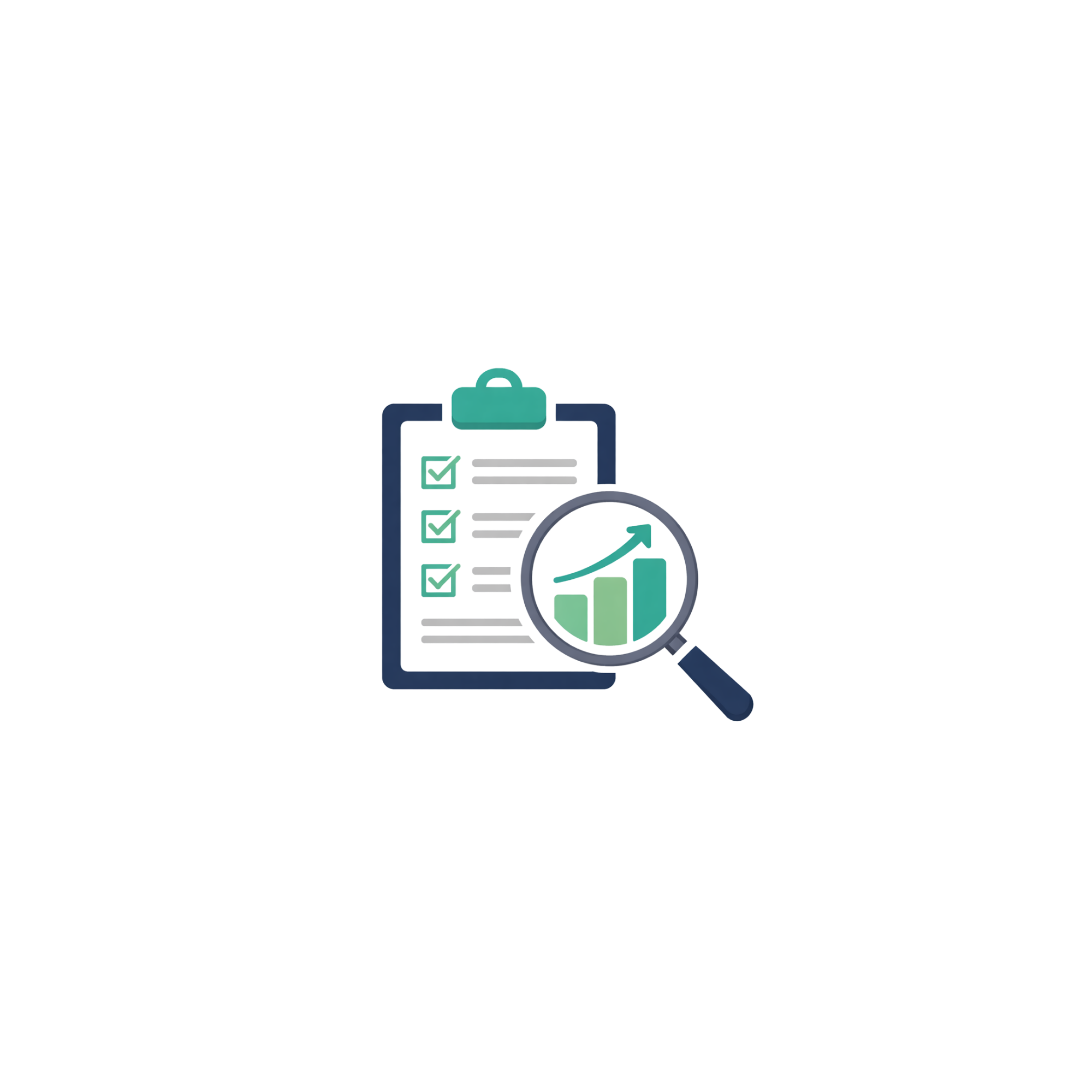 Illustration of a clipboard with a magnifying glass analyzing upward trending bar chart and check marks.