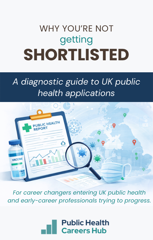 Cover of a guide titled 'Why You're Not Getting Shortlisted,' focusing on UK public health careers, featuring a clipboard with a health report, a magnifying glass, a vaccine bottle, a face mask, and a world map with location markers.