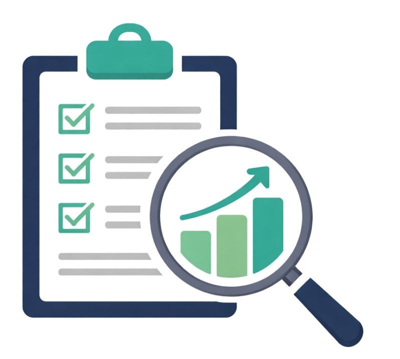 A digital illustration of a clipboard with checklists and a magnifying glass zooming in on a bar chart showing an upward trend.