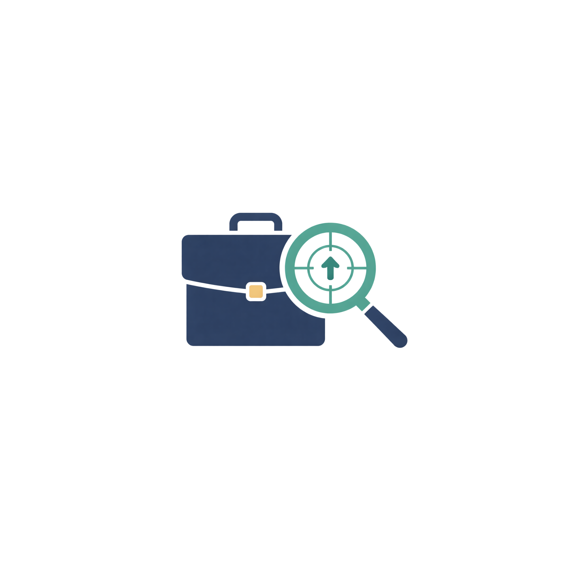 Digital illustration of a navy blue briefcase with a magnifying glass, displaying a target icon, set against a plain background.