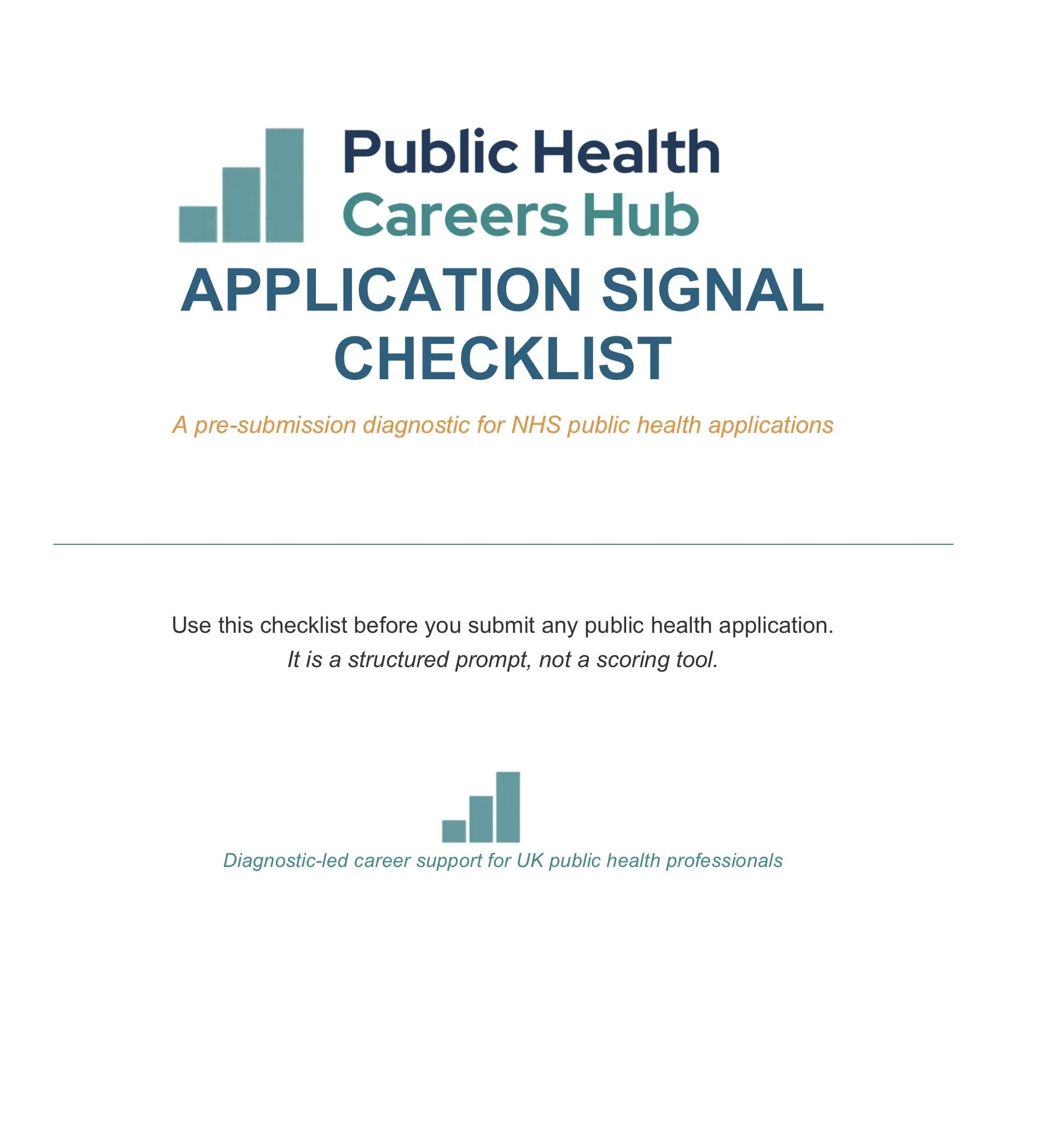 Cover page of the Public Health Careers Hub Application Signal Checklist, a structured prompt for NHS public health applications with a logo, title, subtitle, and a brief description.