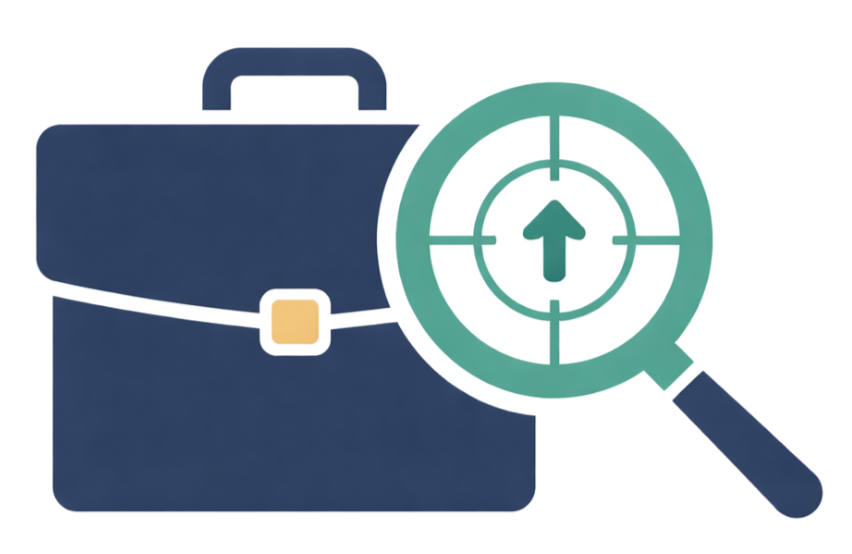 A briefcase with a magnifying glass over a target icon with an upward arrow, symbolizing job search or career growth.