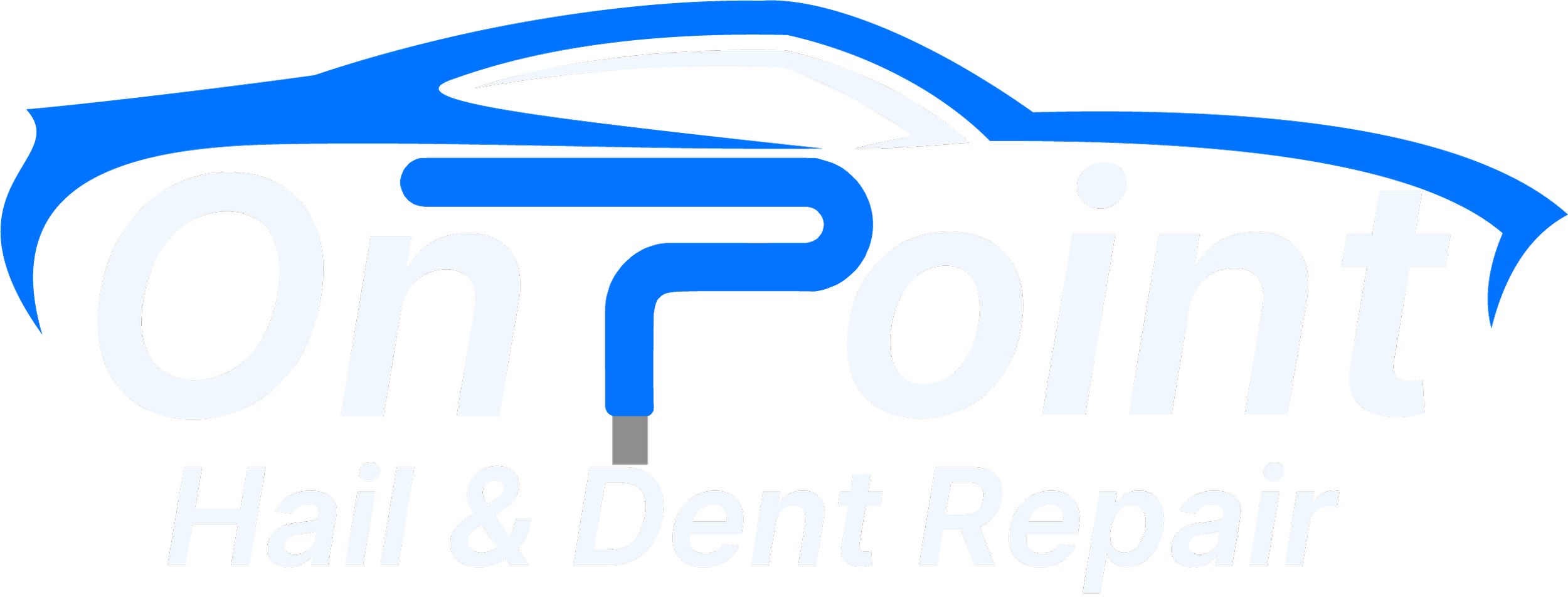 Logo for On Point Hail & Dent Repair featuring a stylized blue and black sports car above the business name in white and gray text