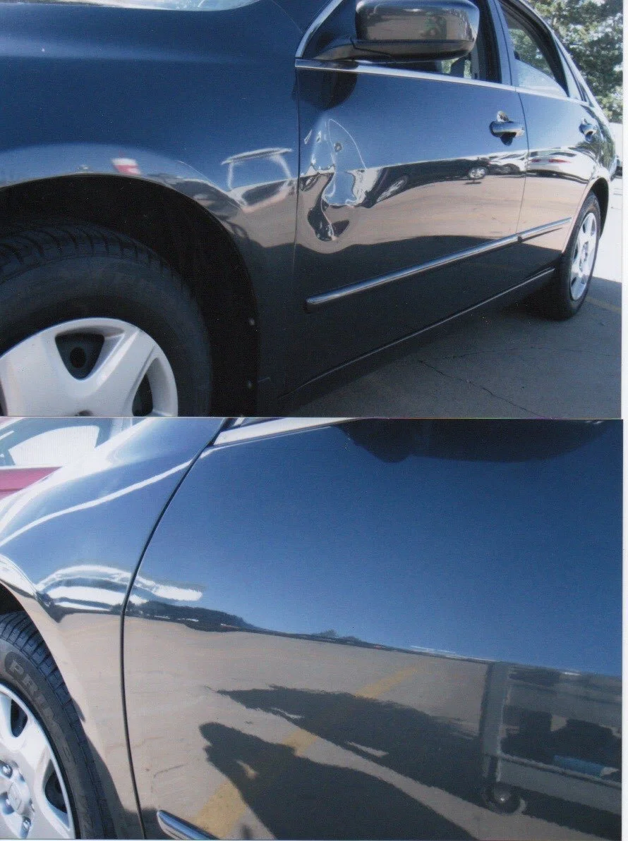 Close-up of a black sedan with noticeable scratches and dents on the driver's side door, showing damage from a collision.