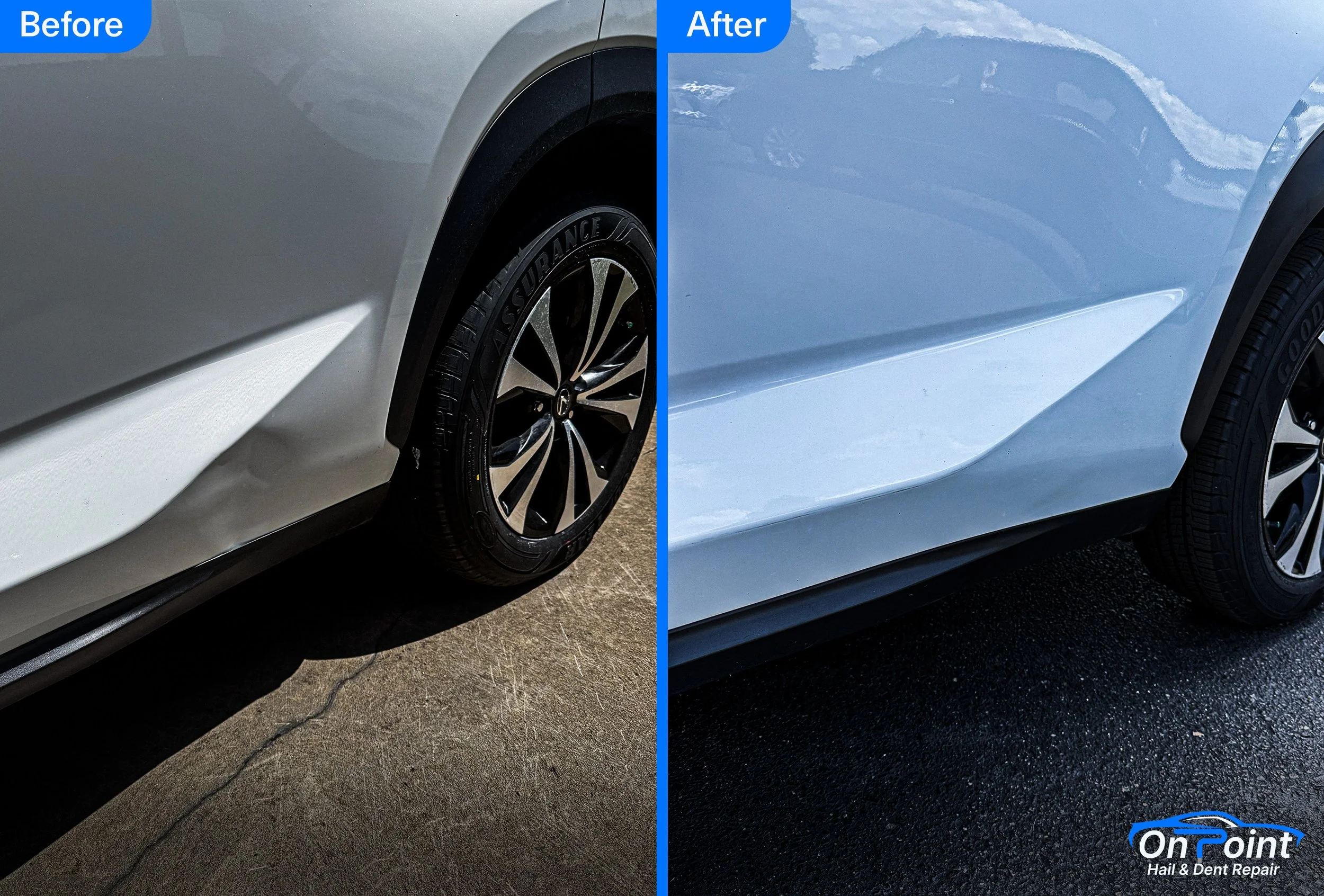 Side-by-side comparison of a car wheel before and after dent repair, showing the removal of a dent in the car's body.