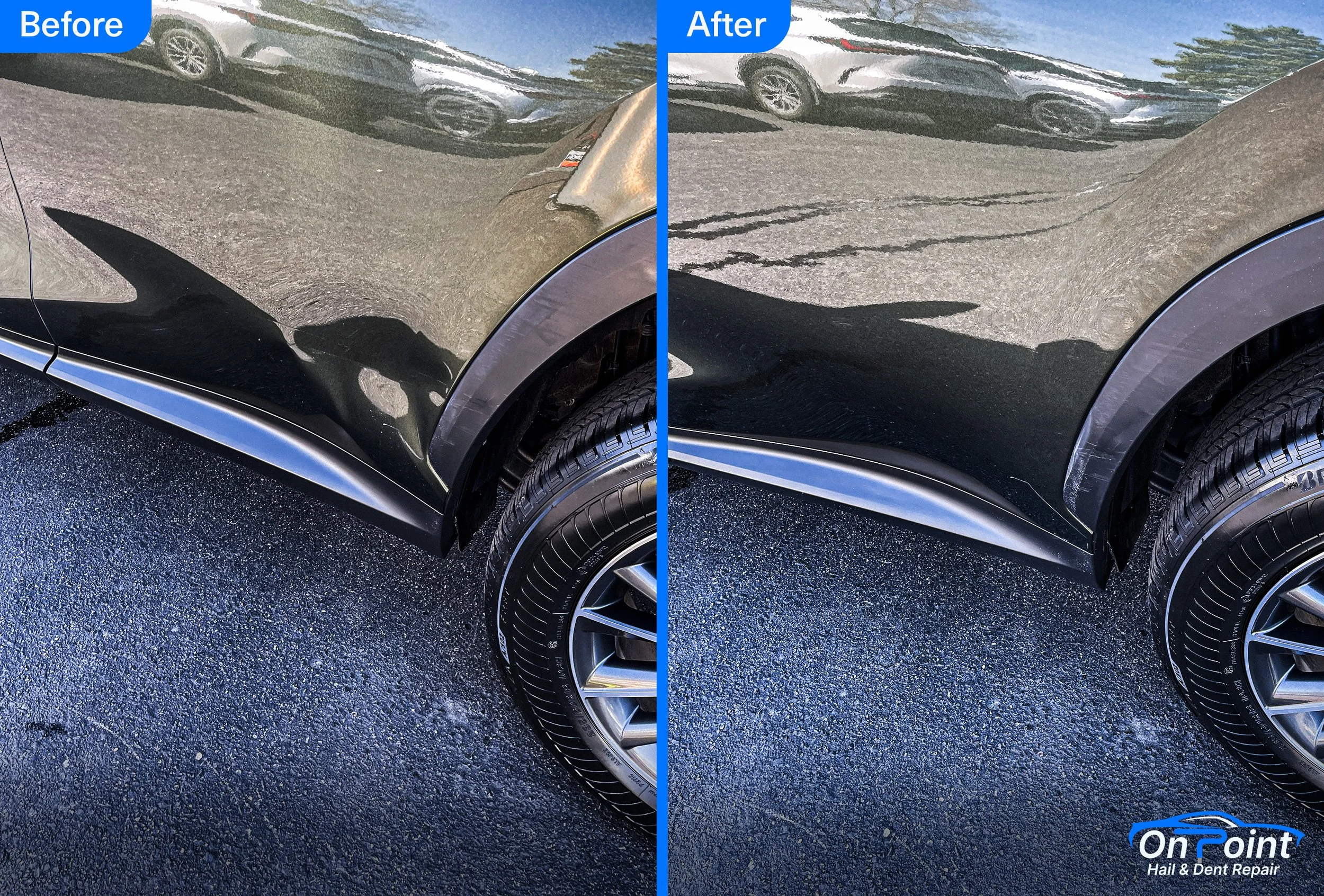 Side view of a black car with a dented and scratched front fender before and after repair, showing the dent fixed and paint restored.