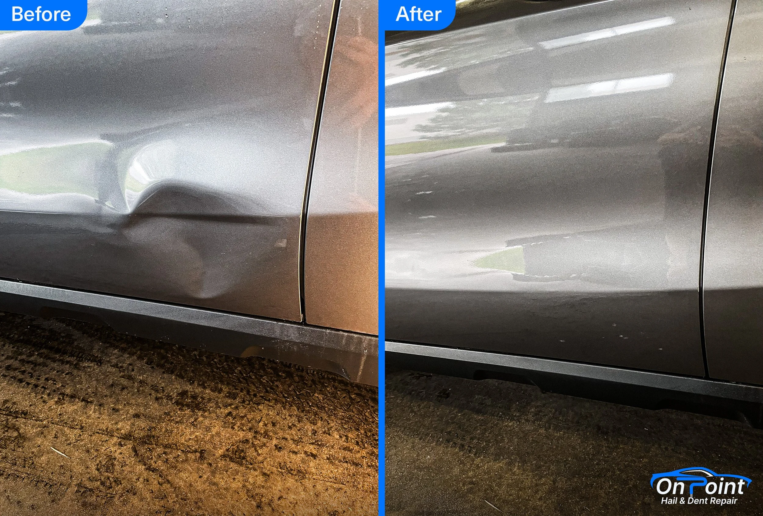 Side-by-side comparison of a car door before and after dent repair. The 'before' side shows a noticeable dent with scratches, while the 'after' side shows a smooth, repaired surface with no visible damage.
