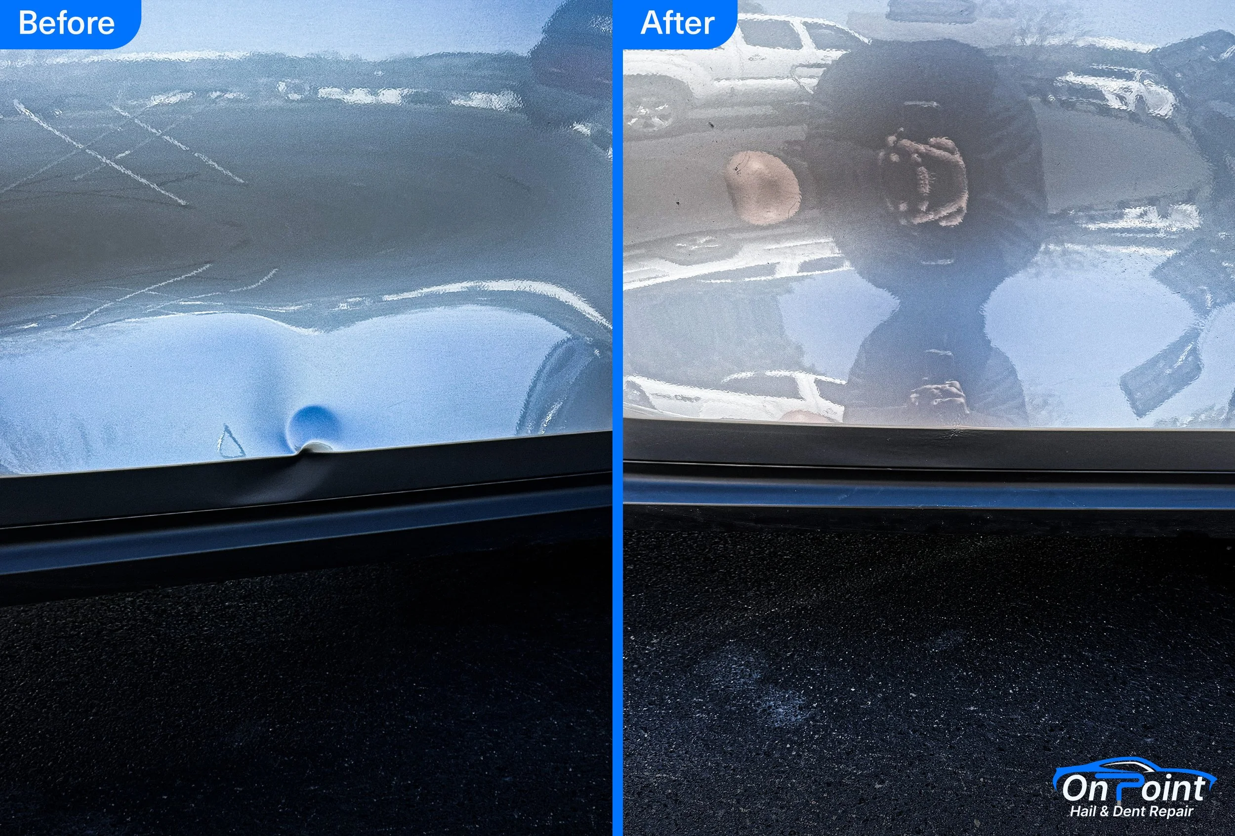 Comparison of car hood before and after hail damage repair. The left side shows the hood with multiple dents and scratches, while the right side shows the smooth, repaired surface.