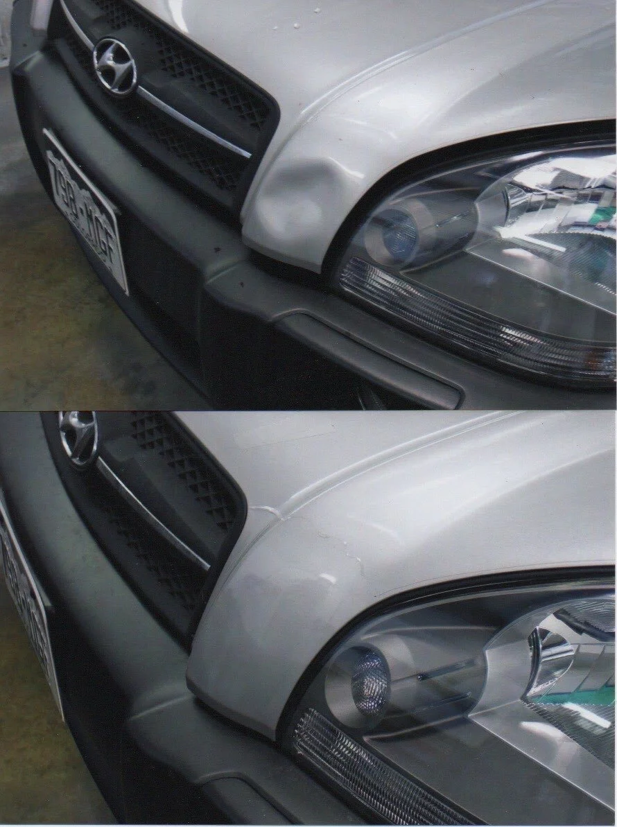 Comparison of a car's front bumper and headlight area, showing minor scratches and marks on the silver paint.