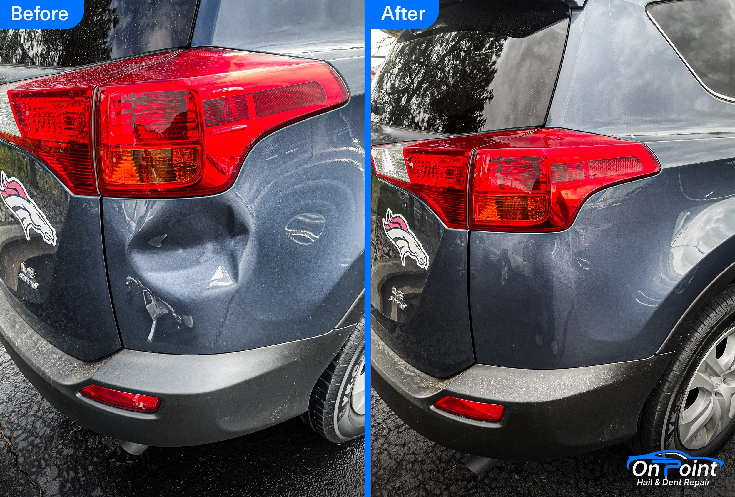 A side-by-side comparison of a car's rear left corner before and after dent repair. The 'Before' side shows a noticeable dent near the tail light. The 'After' side displays a smooth, dent-free surface.
