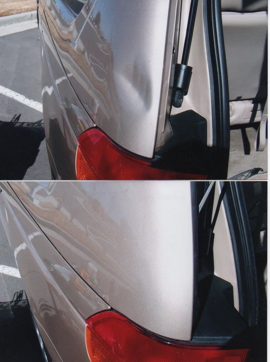 Comparison of two images of the back of a silver hatchback car, highlighting the trunk area, with the upper image showing the trunk open and the lower image showing it closed.