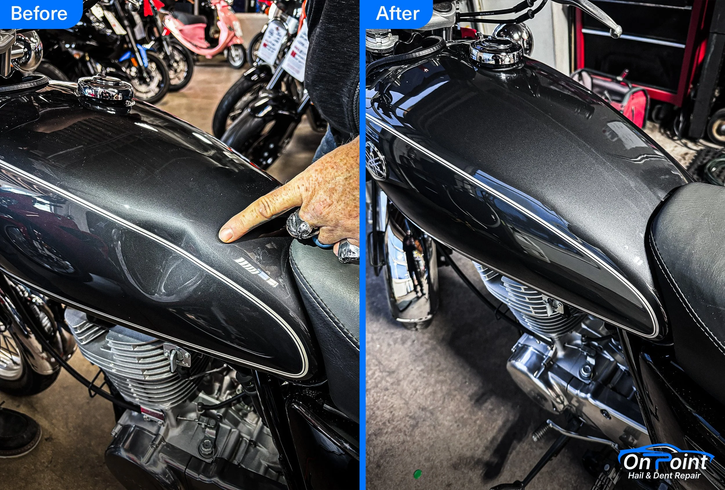 Side-by-side comparison of a black motorcycle fuel tank before and after cleaning or polishing. The left image shows a dull, dusty tank while the right image displays a shiny, clean surface. The background has various motorcycles and tools, indicating a repair shop setting.