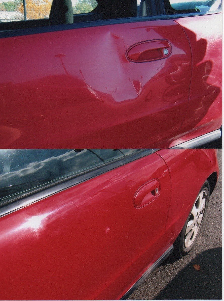 A red car with a visible dent on the driver side door, showing before and after damage repair.