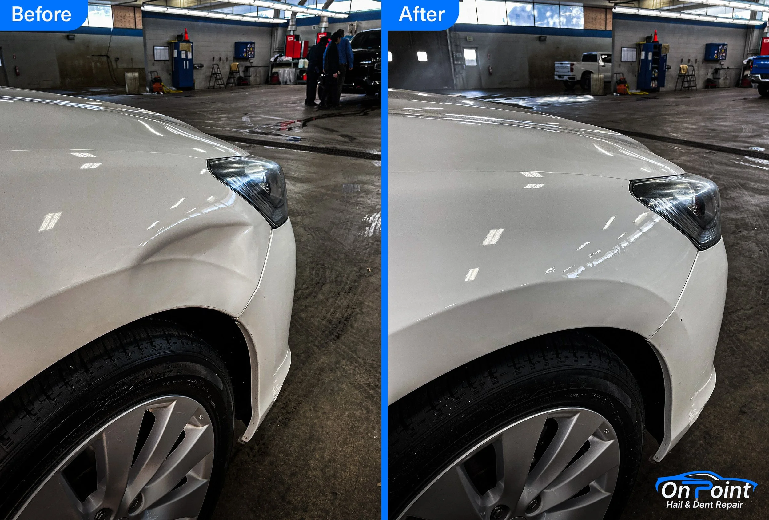 Side view of a white car's front left corner showing the headlight, hood, and tire. The background shows an indoor garage with vehicles, tools, and a few people working. The image is labeled 'Before' on the left and 'After' on the right.