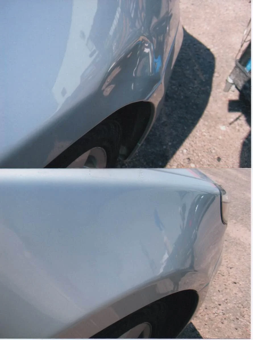 Comparison of a car's fender, showing a dent and previous damage in the top part, and the same area smoothly repaired in the bottom part.
